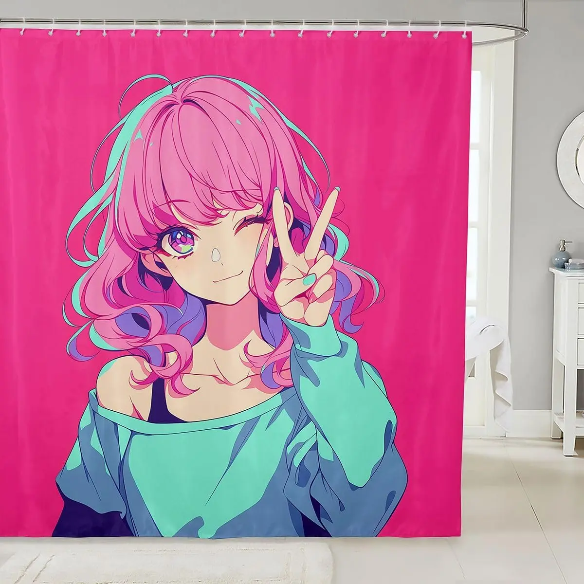 Japanese Anime Fabric Shower Curtain 3D Anime Shower Curtain,Kawaii Japanese Style Bathroom Shower Curtain Sets Cartoon Uniform Bathroom Accessories Hot Pink Bathroom Decor