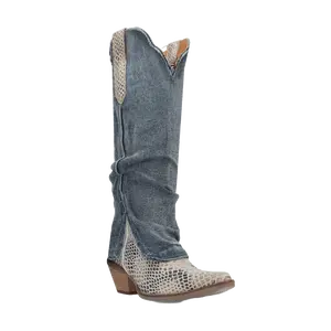 Dingo Ladies Shabby Denim Blue Lizard Leather Tall Boots DI245-BL