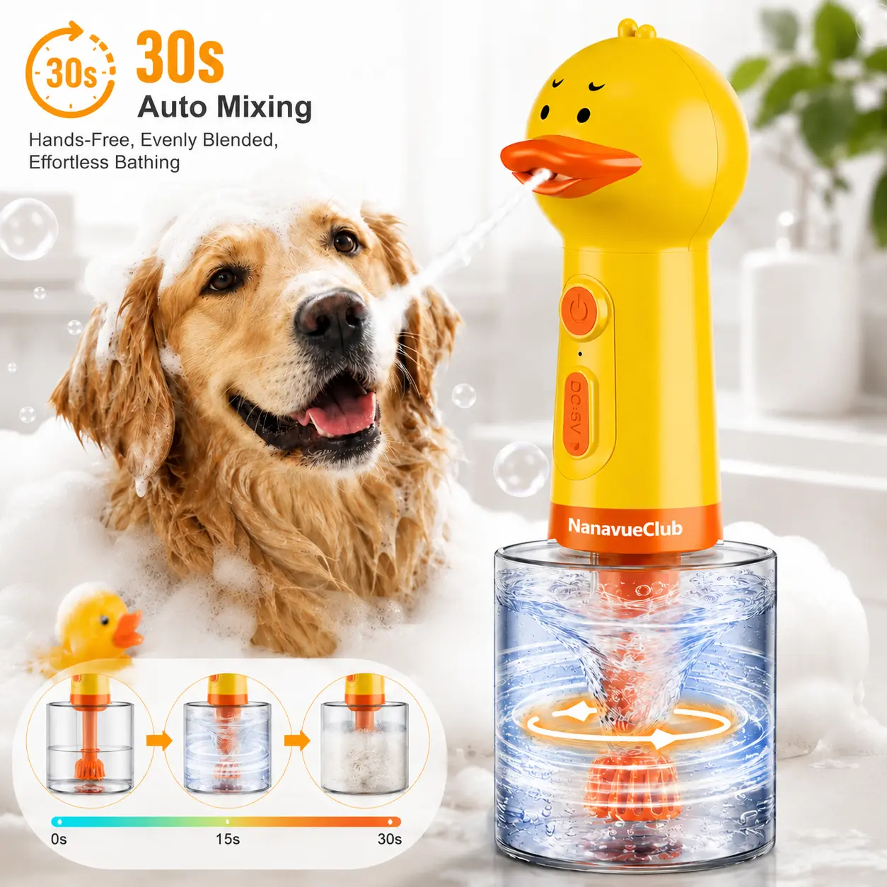 Electric Duck Foam Sprayer for Dogs - Pet Shampoo Dispenser with Hands-Free Automatic Mixing System, Deep Clean, Mess-Free Home Grooming Bath Accessory