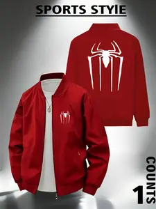 Men's Casual Stand Collar Jacket with Spider Pattern, Long Sleeve Business Style Outdoor Sports Coat, Zipper Design, All Seasons Wear