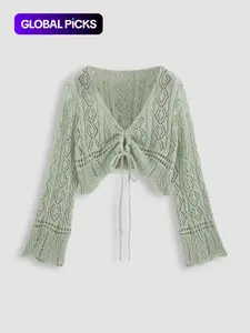 【Plus Size】 Hollow Out Adjustable Drawstring Sheer Cardigan, Casual Flounce Sleeve V Neck Knitwear Top for Spring & Fall, Women's Plus Clothing for Daily Wear