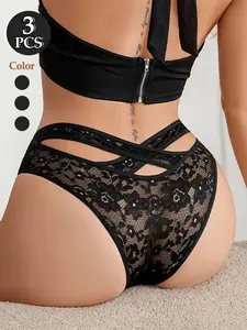3Counts Elegant Women's Black Lace Patchwork Cross Design Triangle Panties,Casual Fitted Sexy Underwear for All Seasons