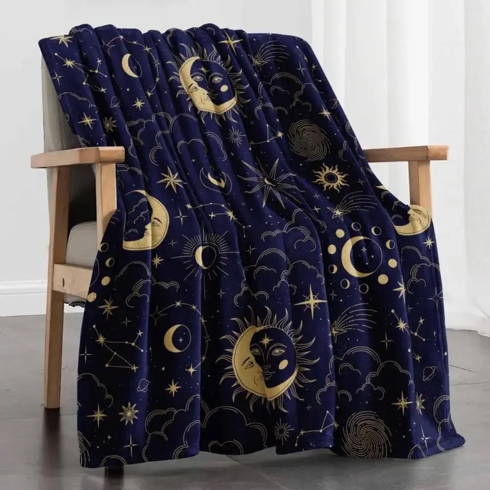 Star & Moon Night Sky Pattern Soft Fabric Throw Blanket, Cozy Warmth for Home/Office Indoor Use, Elegant Whimsy Decorative Nap Blanket for Air-Conditioned Rooms, Whimsical Look
