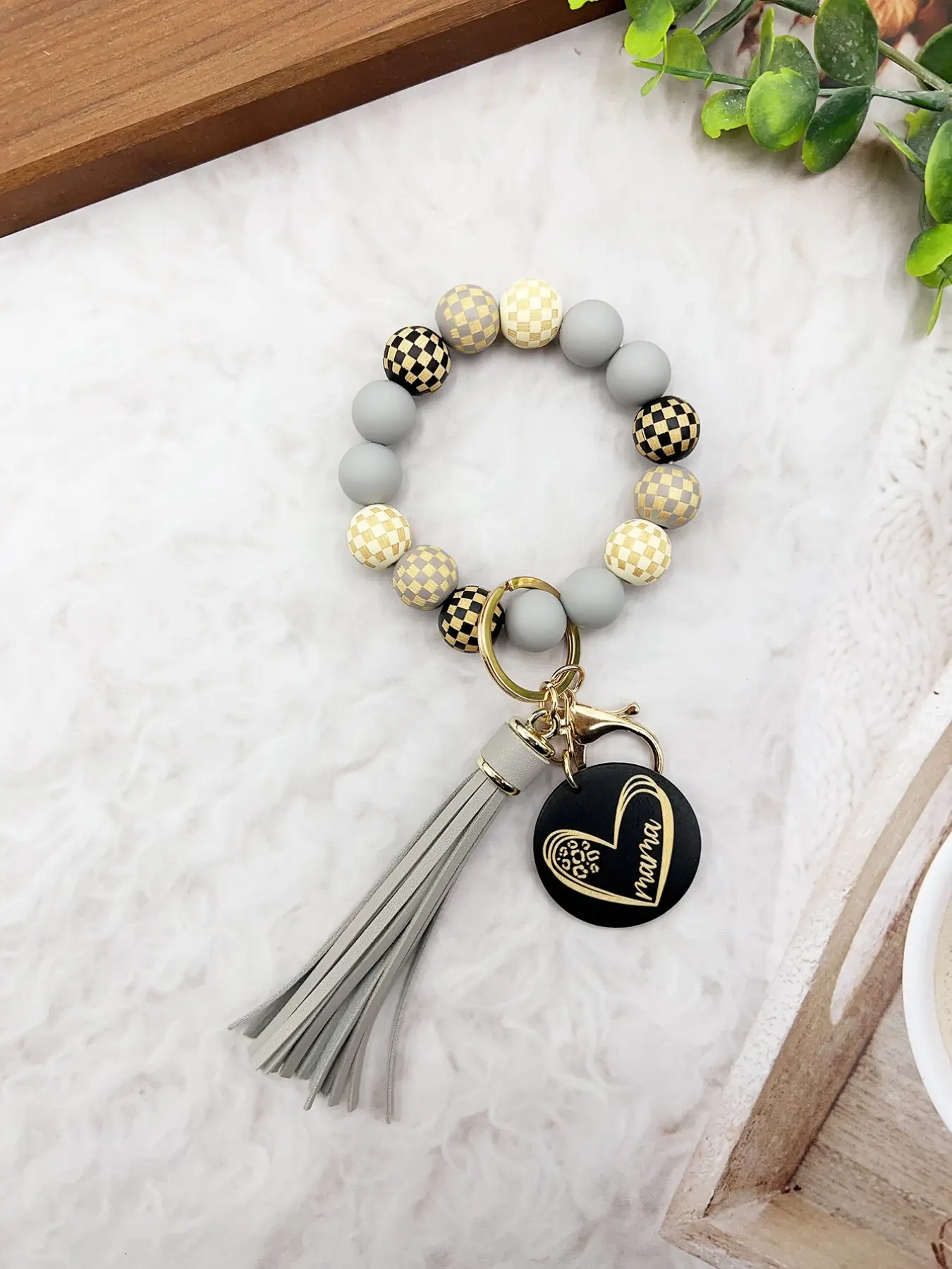 Elegant Checkerboard Mama Wristlet Keychain, Wooden Beaded Key Bracelet, Heart Engraved Mother's Day Gift, Premium Tassel Purse Charm for Women, Keychain Jewelry