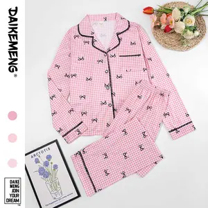 Women's Pink Gingham Bow Print Pajama Set, Long Sleeve Button-Down Shirt & Elastic Waist Pants, Soft Satin Loungewear, All-Season Sleepwear
