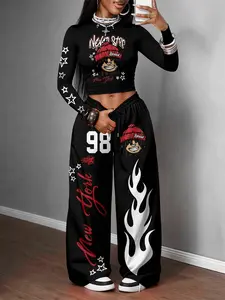Women's Y2K Streetwear Vintage Hip Hop Graphics Print Fitted Top Sleeve and Pants Set Outfit, Womenswear Classic Spring Autumn Winter, Versatile New Year Gift