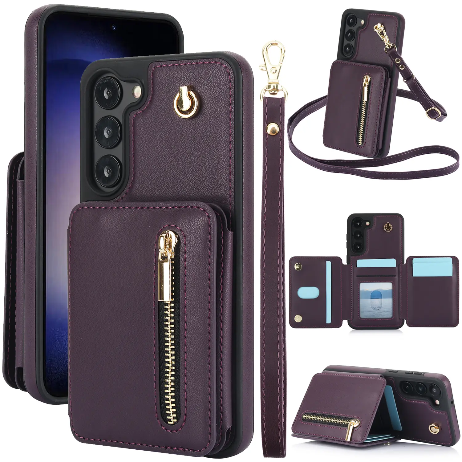 Leather Case for Samsung Galaxy S26 S25 S24 Ultra S23 S22 S21 Wallet Case with Crossbody Strap & Credit ID Card Holder Case FRID Blocking Protection Lanyard Zipper Cover for Women