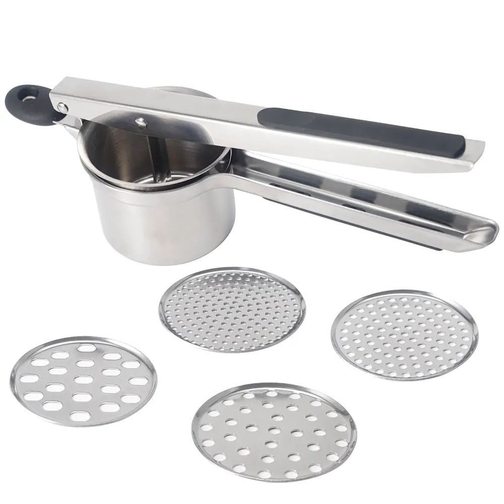 Stainless Steel Potato Masher Heavy Duty Potato Ricer With 4 Interchangeable Discs Comfort Handle For Fluffy Mashed Potatoes Baby Food Fruit Juice Puree