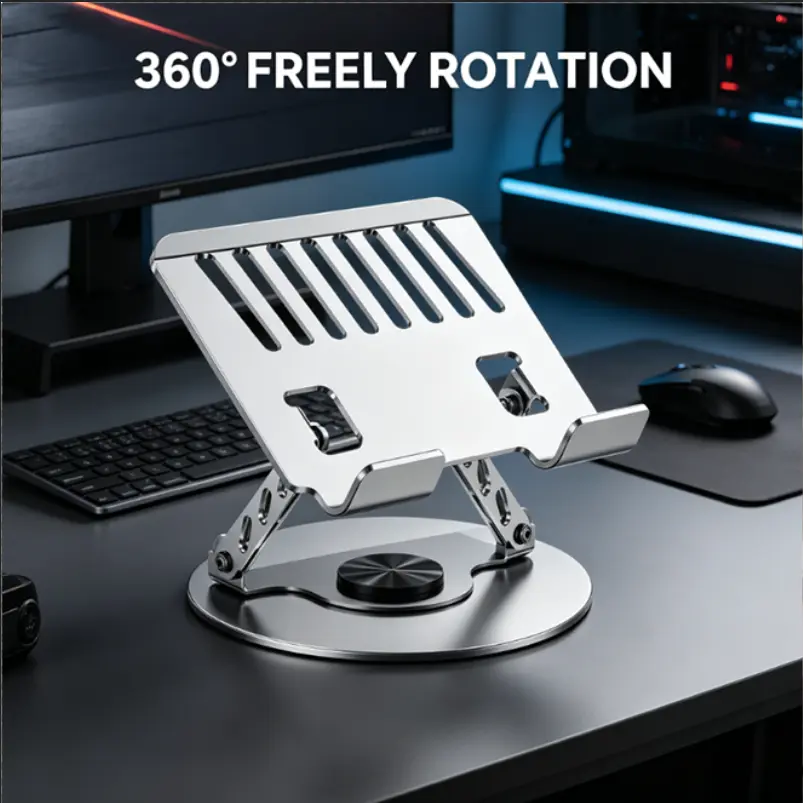 360° Rotating Laptop Stand, Adjustable Foldable Aluminum Hub Laptop Holder, 2-in-1 Multifunctional Elevating Bracket with Lock Edge Desk Mat for Gaming & Mobile, Gray