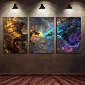 3 Pieces Optional Wooden Frame Dragon Ruler Galaxy Fantasy Universe King Neon Smoke Art Canvas Painting Abstract Graffiti Wall Poster Print Home Living Room Decor HD Giclee Wall Poster Matte Surface Art Canvas