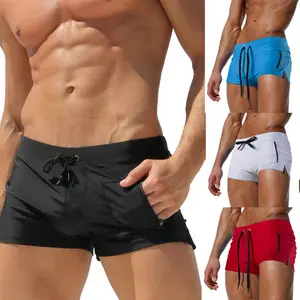 Men's Swimming Trunks High Waist Tight Lace-up Boxer Pants Fashion Solid Color Five-point Casual