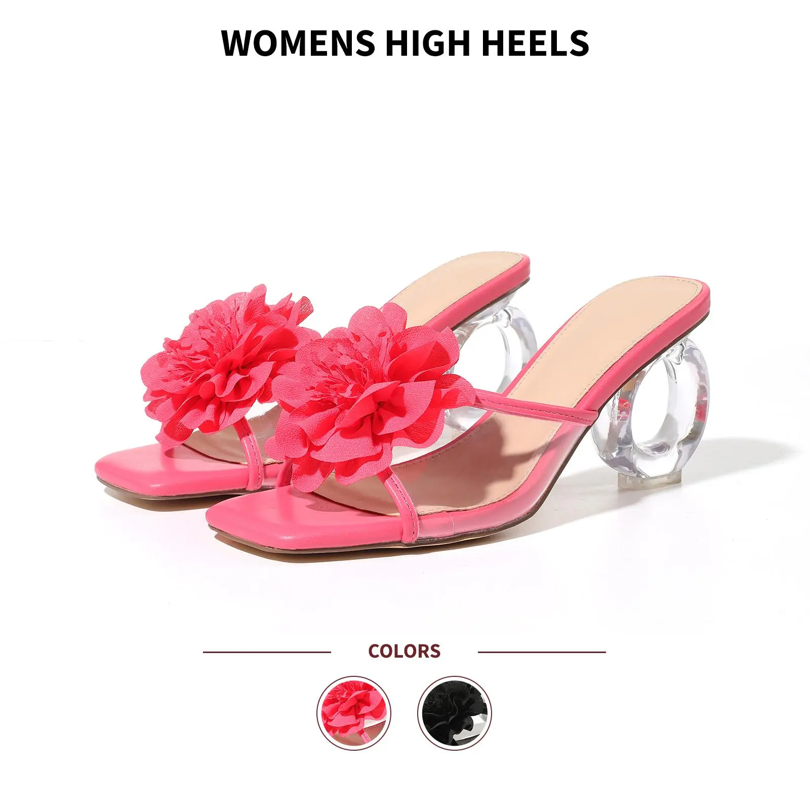 Womens High Heels Square Toe Transparent Straps Faux Floral Mules Transparent Ring Sculptural Heel Slip On Elegant Dress Party Wedding Bridal Prom Dance Casual Date Trendy Modern Shoes Summerwins
