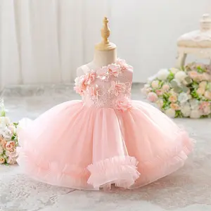 6M-3Y Peach Pink 3110 Anniversary Kids Clothes Flower Girls Frock Floral Mesh Ball Gown Pageant Children Elegant Princess Prom Host Formal Evening Party Banquet Cocktail Dress