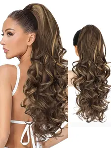 Ponytail Extension, Claw Clip Long Wave Highlight, Light Ash Blonde, Fluffy Natural Synthetic, 24 Inch Synthetic Curly Wavy Hairpiece for Women
