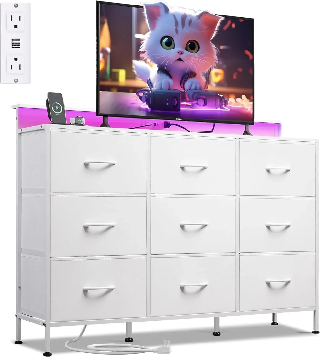 Entertainment Center with LED Lights – TV Stand with Charging Station & 9 Fabric Drawers, 55" Dresser Console with 2 USB Ports & 2 AC Outlets, Music Sync Lighting for Living Room, Bedroom