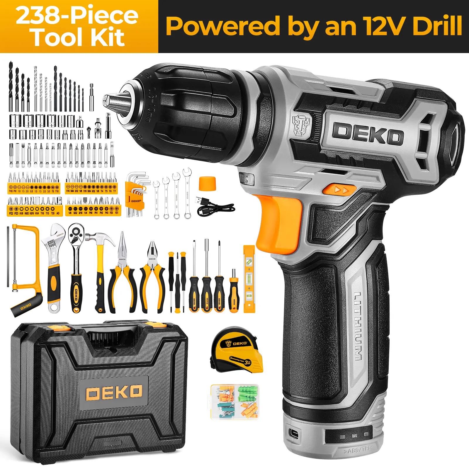 DEKO Home Mechanical Combo Set - 12V Rechargeable Wireless Drill Kit, Power Drilling Tools, Hand Repair Multi-Tool with Compartmentalized Storage Organizer Drawer Case (Ideal for Men)