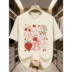 100% pure cotton, strawberry floral bow print women's short sleeve T-shirt, cute fresh sweet style, suitable for daily casual summer wear, ideal for women who like sweetness