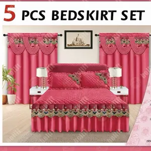5 PCS BEDSKIRT SET - Elegant Pink Bed Sheets and Curtains with Embroidered Border for Bedroom Decor
