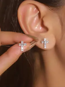 Rhinestone Decorated Cross Design Stud Earrings, Elegant Cubic Zirconia Jewelry for Party, Daily Clothing Decor, Trendy All-match & Exquisite Jewelry for Birthday Gift, Girl Accessories, Studded Cross Earrings, Ear Studs