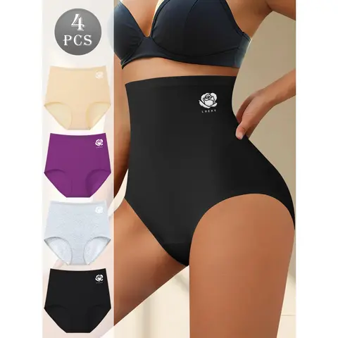 QUASTI Women's Seamless High-Elastic Adaptive Panties, 4-Pack Mixed Color Basic Breathable Cotton Tummy Control Briefs, Multi-Size (S-XXL) Minimalist Flat-Belly Underwear for Everyday Wear