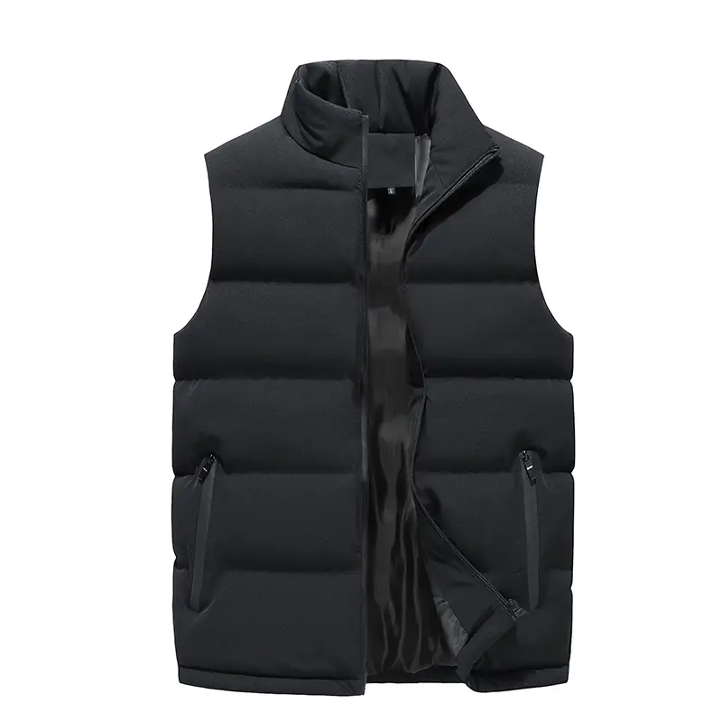 Men's Stylish Sleeveless Plain Pocket Zipper Stand Collar Puffer Gilet, Slim Thermal-Lined Casual Black Menswear Outerwear Outfits for Fall, Winter Daily Wear