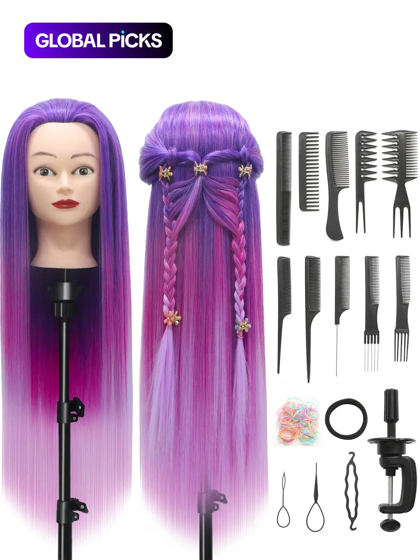 Training Mannequin Head 28 inch 100% Synthetic Fiber Styling Head, Practice Mannequin Head, Hairdressing Head with Free Clamp and DIY Set, Wig Tool, Wig Styling Equipment