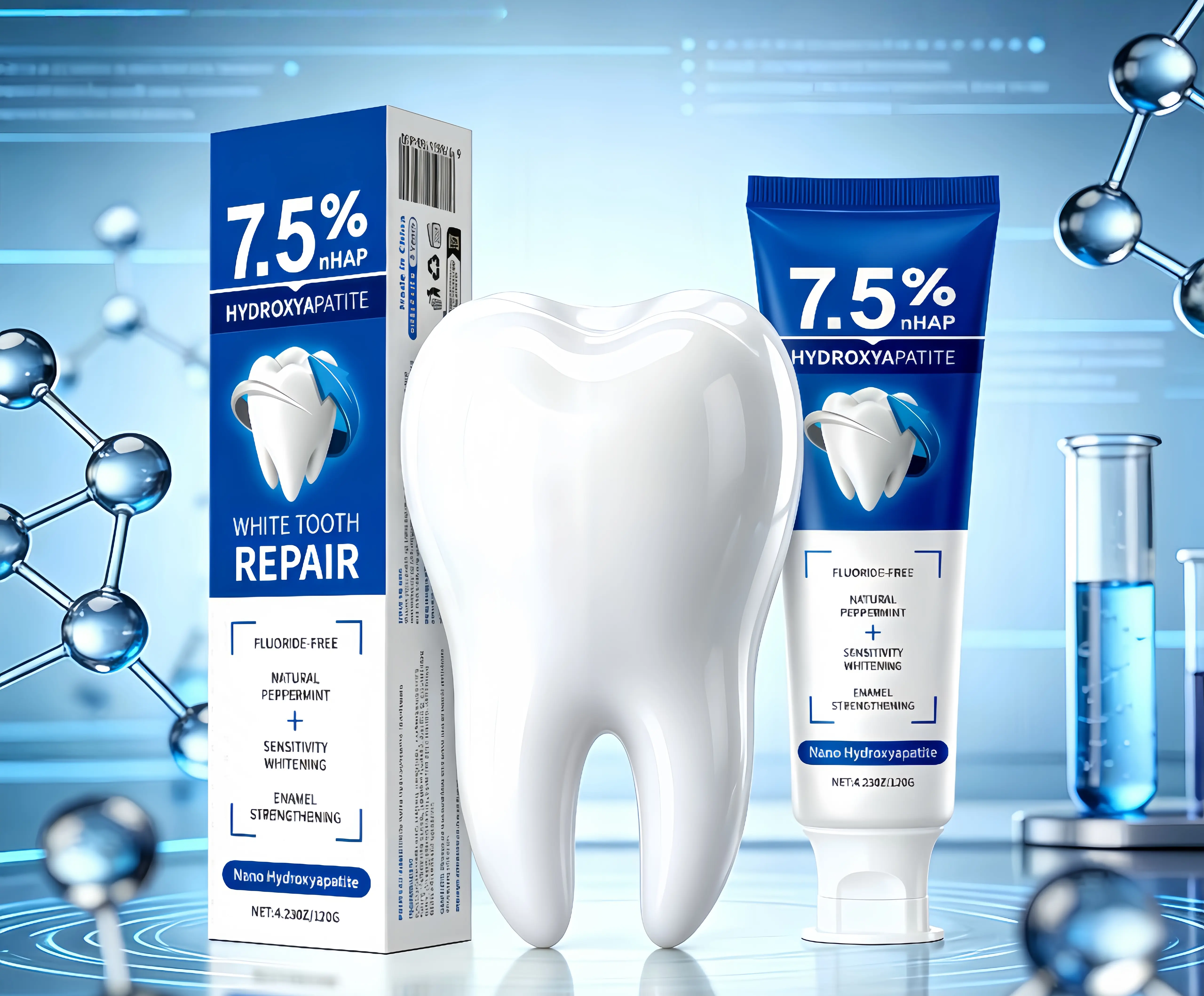7.5% nHAP Nano Hydroxyapatite Toothpaste, Fluoride-Free Natural Peppermint Daily Oral Care Cream, Gentle Enamel-Care Formula, 120g