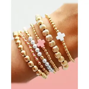6pcs Golden Beaded Bracelets for Women, Non-Tarnish Jewelry Set, Stackable Paperclip & Cross Design, Perfect Gift Idea