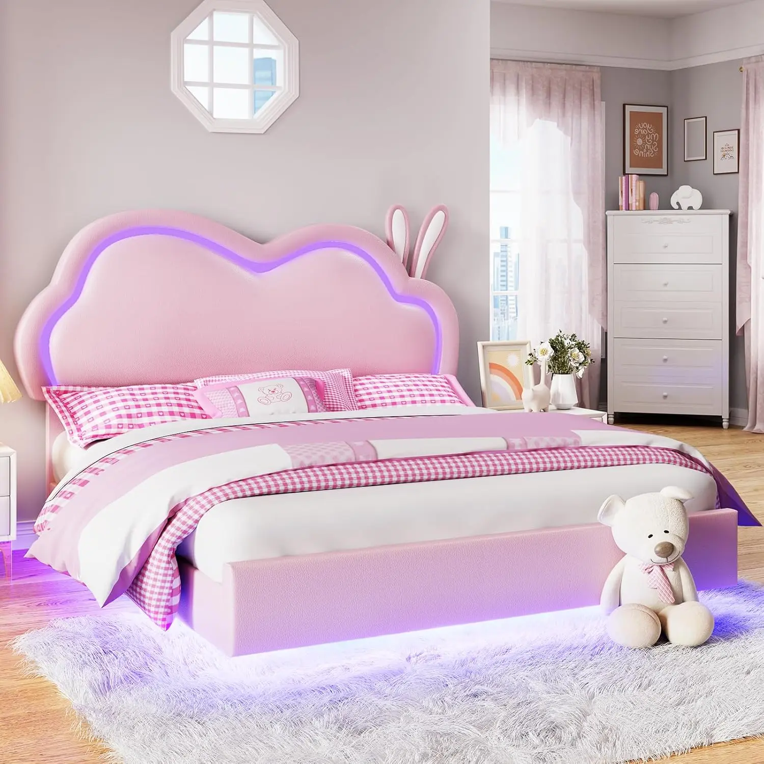 [Summerwins]Amerlife Floating Bed Frame with LED Adjustable Headboard, Cute Leather Upholstered Platform Bed Frame with Wood Slats Support, Easy Assembly, No Box Spring Needed, Pink OR White Bed Frame camas con luces