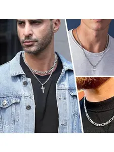 Original minimalist double-layer titanium steel cross pendant necklace for men; hip-hop layered multiple chains for womenINS style.
