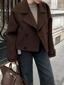 Double-Breasted Short Jacket Casual Loose Long Sleeve Women's Coat, Oversized Collar and Button Design, Hooded Pockets, Winter Outerwear