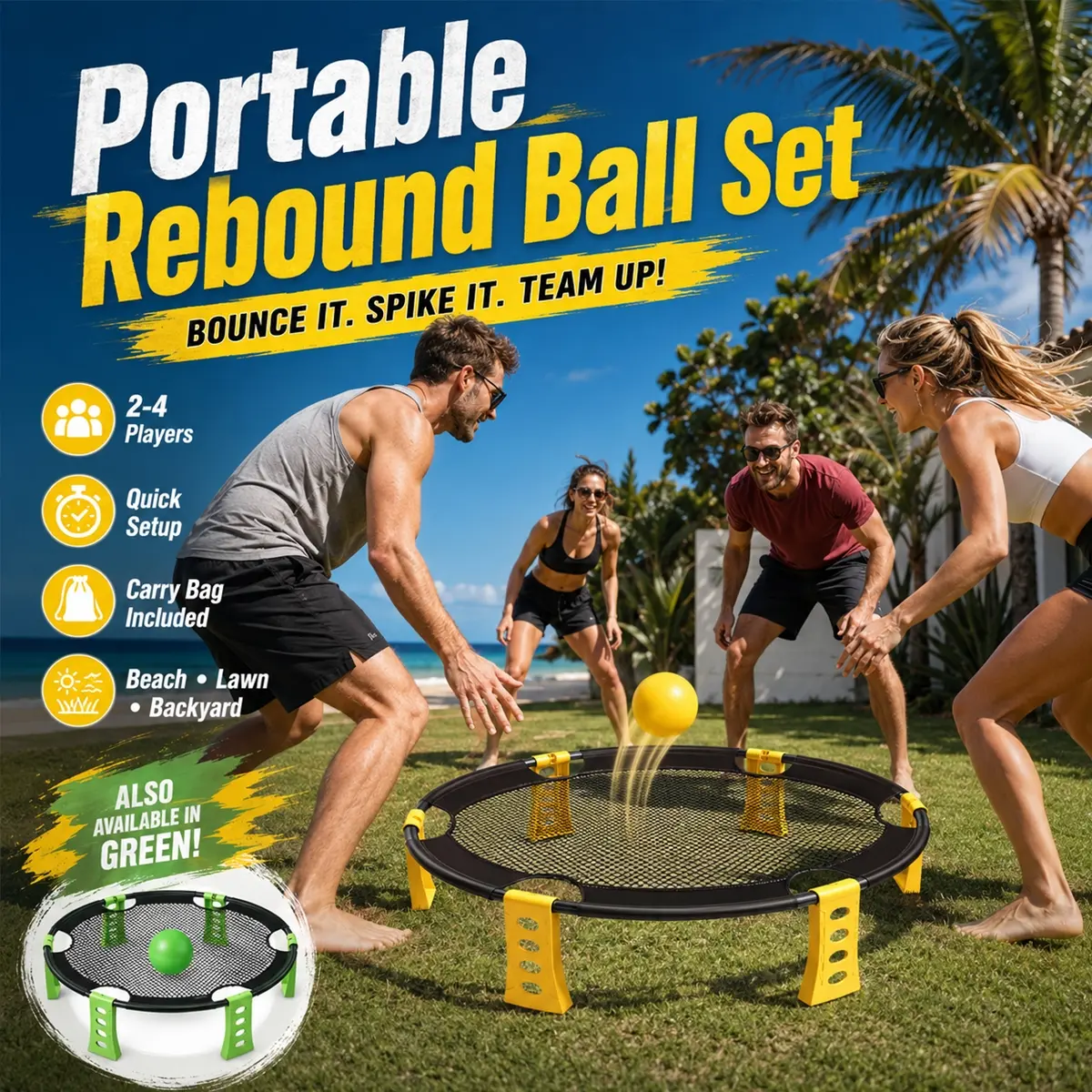 Roundnet Ball Outdoor Sports Set, Ball Rebounder, Beach Yard Style, Portable Rebound Net Kit with 2 Balls, Pump and Carrying Bag, Quick Setup Equipment for Adults Kids Family, 2-4 Players, Beach, Backyard, Park Activities