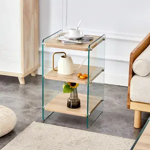 Brand Name - Three Levels of Bedside Tables with MDF Board Surface, Transparent Tempered Glass, Wood Grain Stickers, Model banana coffee table gaming desk
