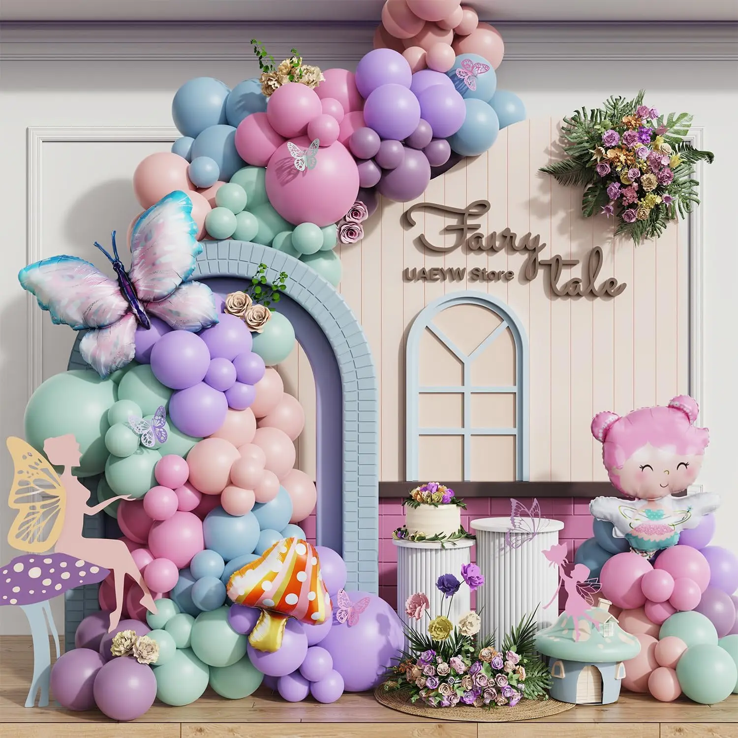 Fairy Wonderland Birthday Party Decorations,138Pcs Fairy Butterfly Mushroom Balloon Arch Garland Kit Dusty   Blue Green Balloons for Girls Fairytale Spring Garden  Party Bride  Shower
