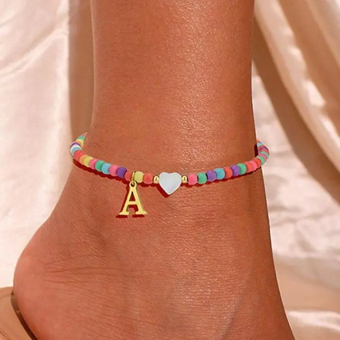 FREEKISS Gold Mother of Pearl Heart Initial Anklet with Colorful Seed Beads, Summer Beach Letter Ankle Bracelet Elegance Personalized homeessentials