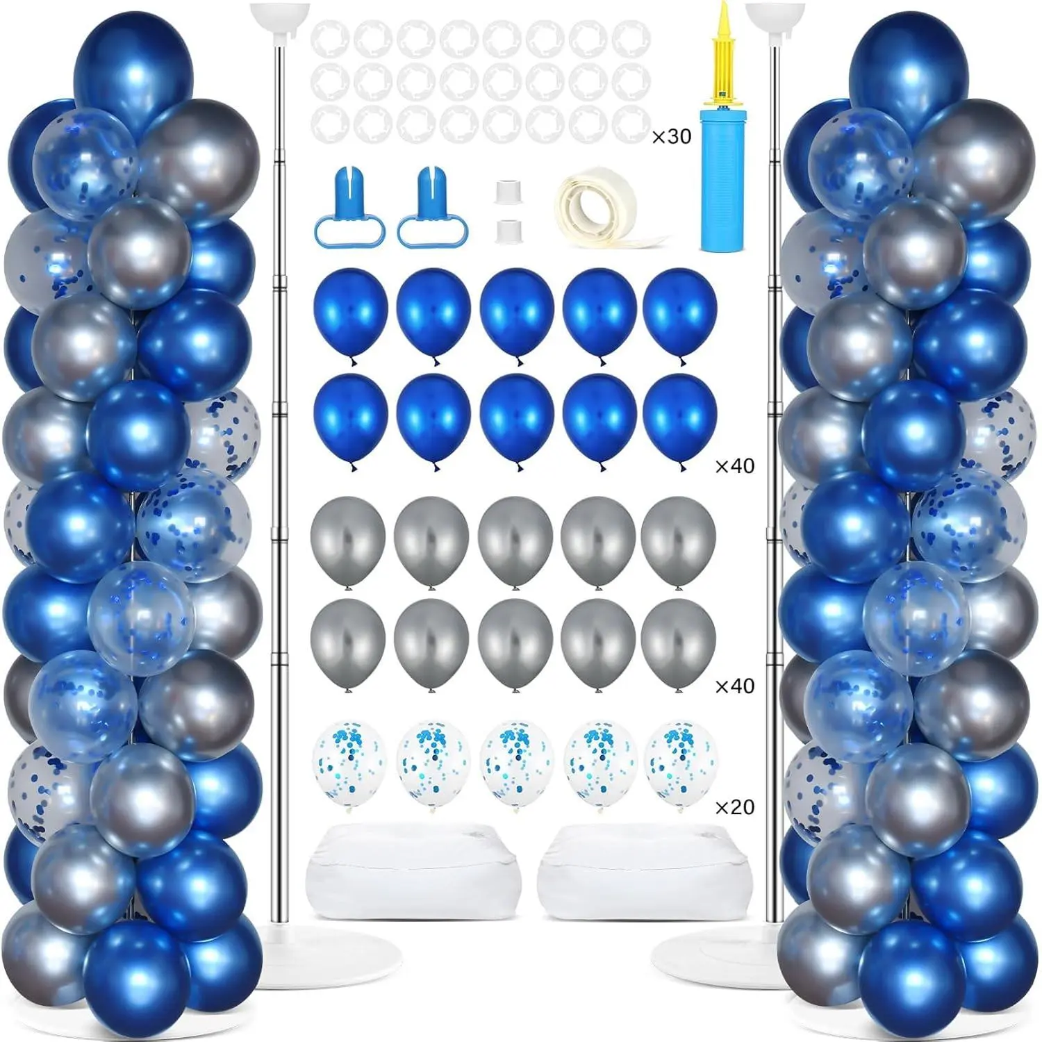 2 Sets Navy Blue and  Balloon Column Stand Kit with 100 Balloons Adjustable Balloon Tower Stand with Bases for Floor Confetti Balloon Column Kit for Graduation Birthday Appreciation Party Decor