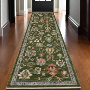 360 stand 12 ft. Oriental Runner Rug with Fringe Detail, Oriental Motif, Traditional Look, Wool Blend, Green-Yellow-Ivory Colors, Machine-Made