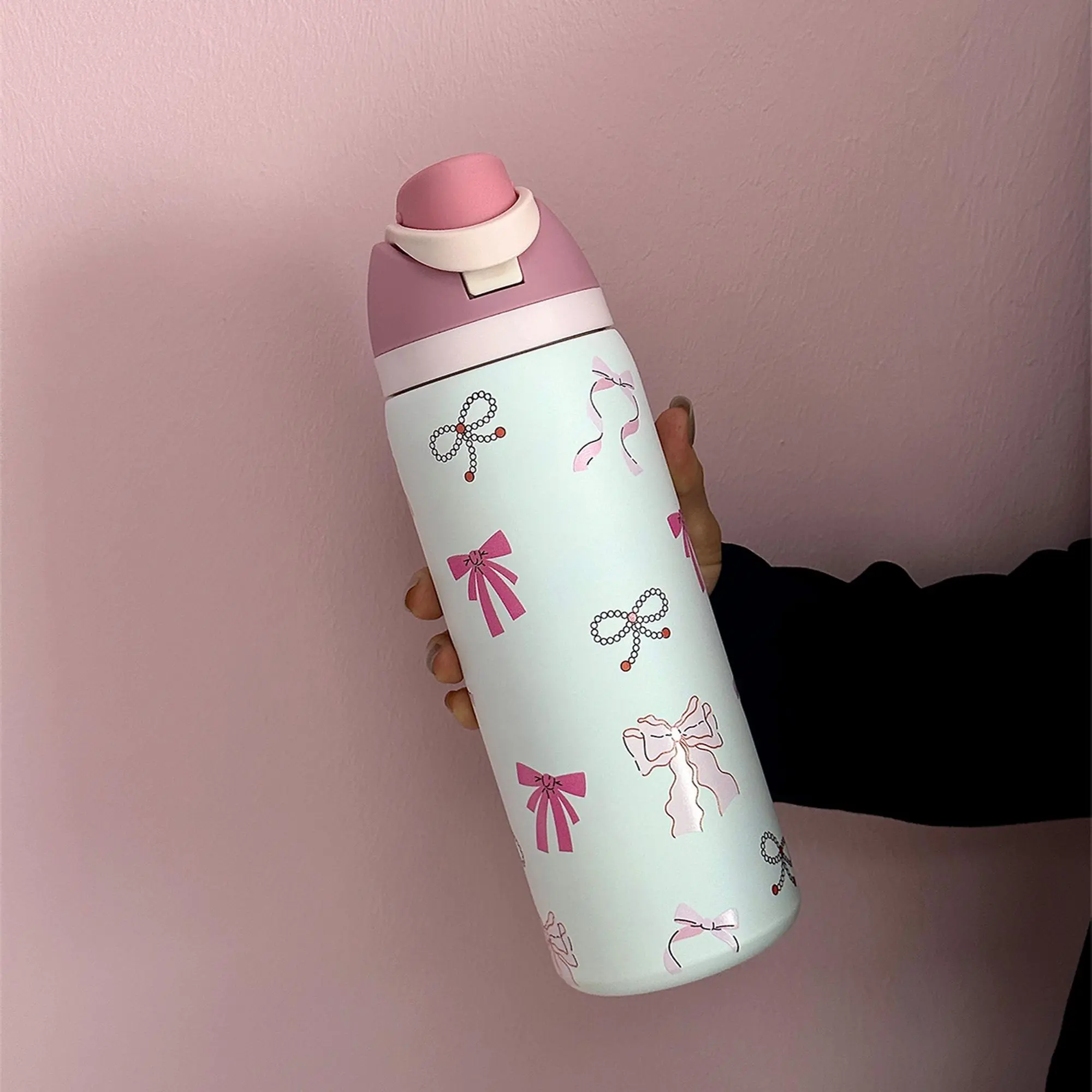 Butterfly Pattern Insulated Water Bottle Tumbler, 1 Count 24oz-32oz-40oz Stainless Steel Vacuum Flask with Straw, drinkware stylish flasks, Summer Cool Bottle Drinking Cup for Home Office School, Drinkware, Insulated Travel Tumbler