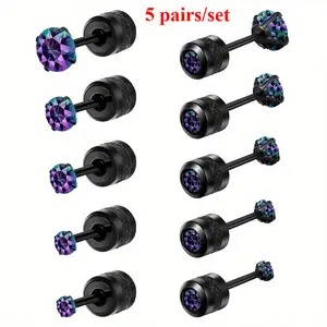 5 Pairs Titanium Steel Helix Earrings Set,  Gun Black Plated, Synthetic Zirconia Inlay, 316L Stainless Steel Needle, Low Allergy with for Men and Women stainless steel body jewelry daith earring helix  earring Hypoallergenic Surgical Steel Stud Earrings