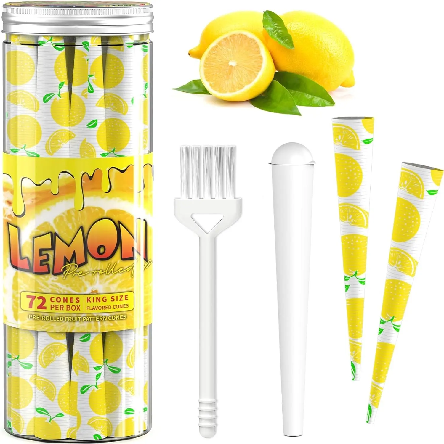 72 Pack Fruit Flavored Cones Paper King Size with Airtight Tube Great for Home & Travel (Lemon)