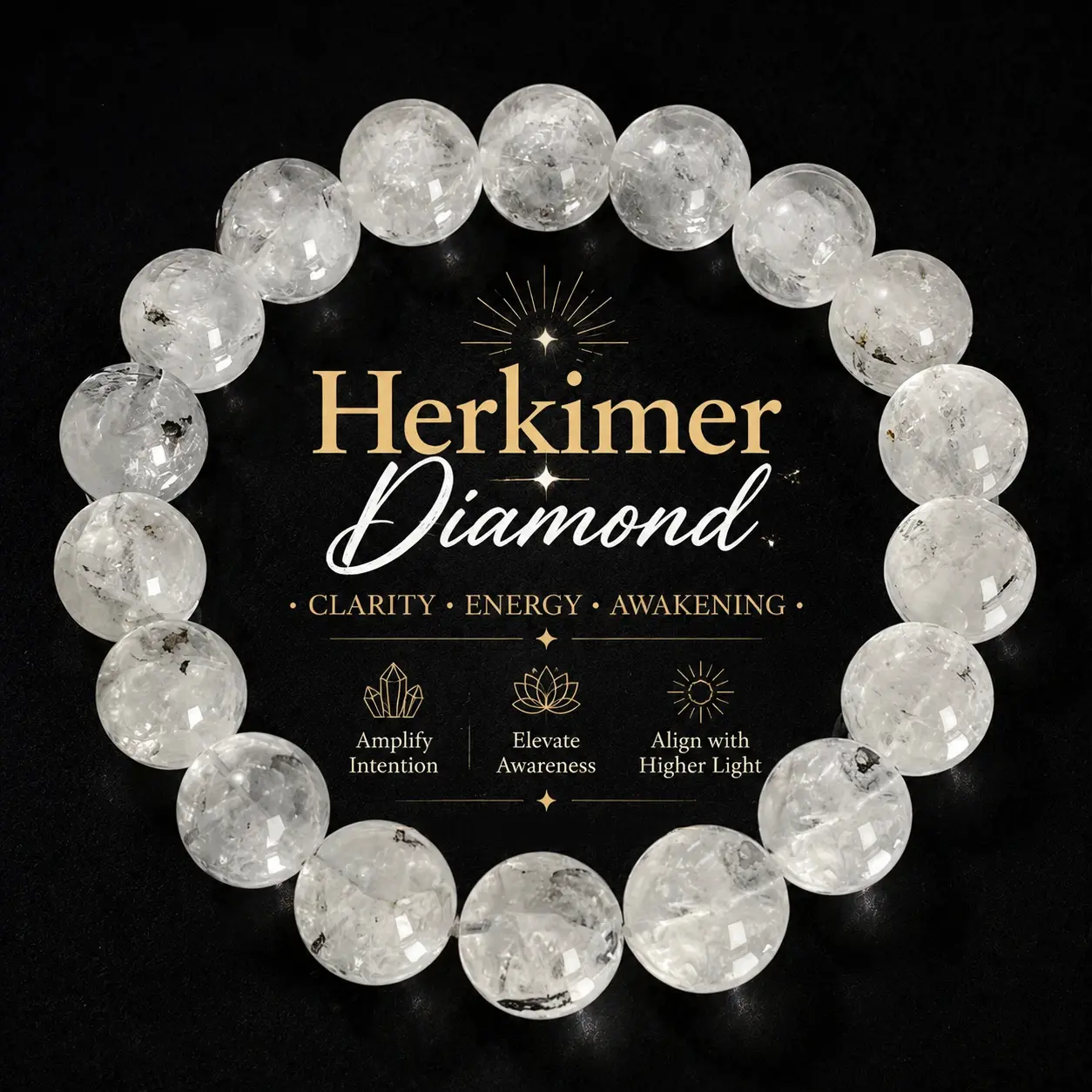 Herkimer Diamond Crystal Bracelet, Dream Stone for Manifestation, Intuition and Positive Energy, Protection and Inner Peace, Perfect for Daily Meditation Gift, 14mm