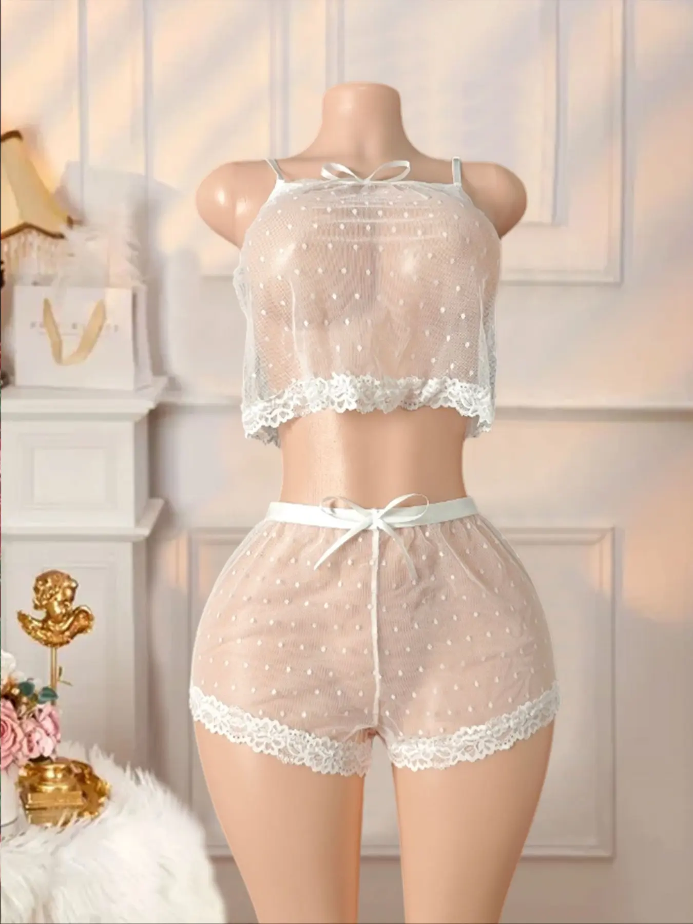 Women's Polka Dot Mesh All Seasons Lingerie Set, Sheer Feminine Lingerie Nightwear Sleepwear Panty Set with Fitted Inner Layer for All-Season Wear Underwear Style