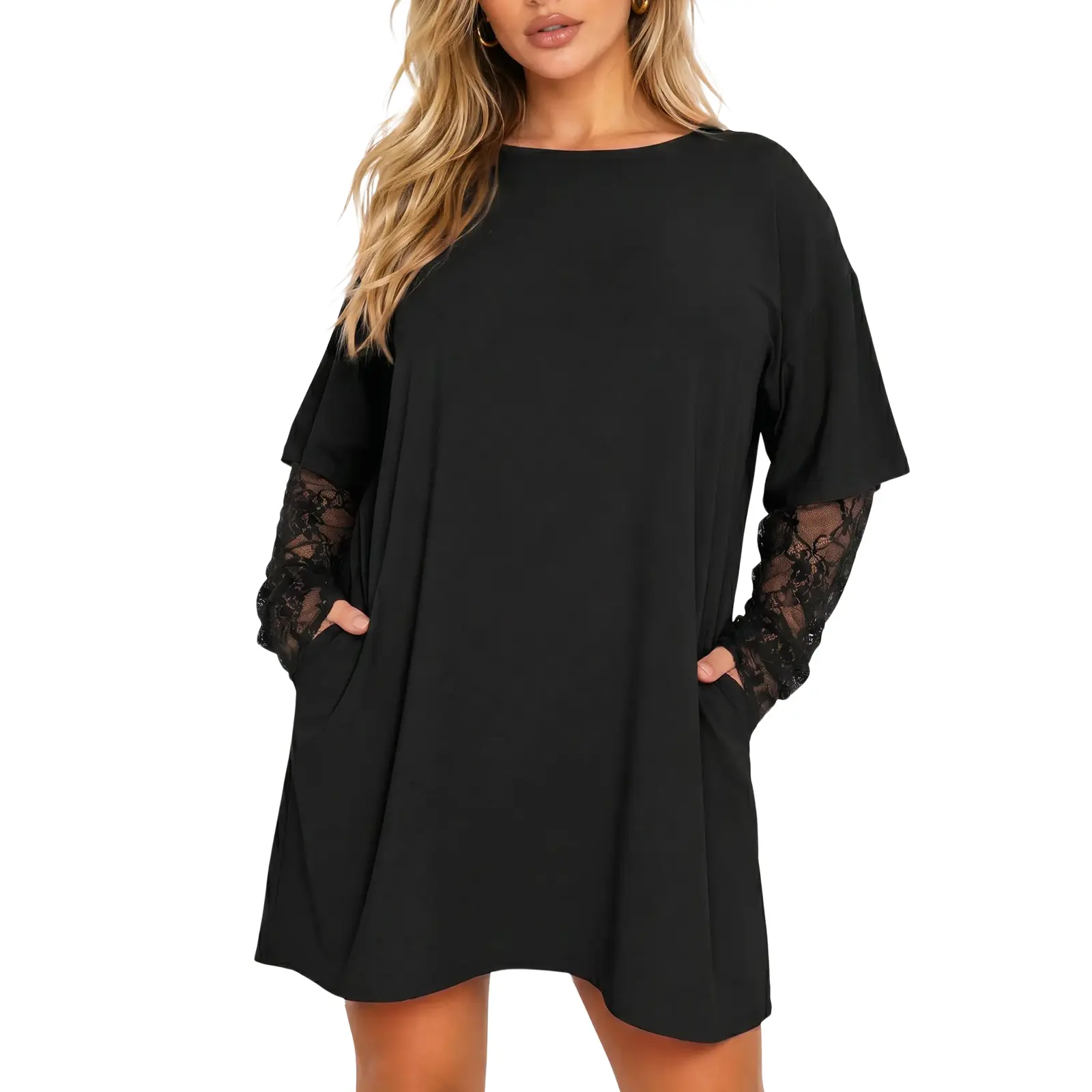 Fisoew Womens One Piece Cotton Shirt Dress Lace Sleeve Mini T-Shirt Dress Crew Neck Oversized Loose Fit Long Lace Underlayer Short Dress With Side Pockets Casual Going Out Outfit Minimalist Womenswear