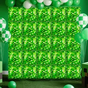 25 PCS Pixel Party Square Foil Balloons Wall Game Themed Party Decorations Essentials, Double Sided Cube Balloons Tunnel Arch Kit for Birthday