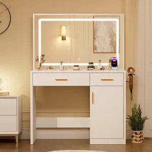 Vanity Desk with 35.4" LED Mirror and Lights, Makeup Vanity Table with Charging Station (2AC/USB/C), 2 Drawers & Large Cabinet, 3 Lighting Color Adjustable, Dressing Table