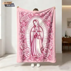 Virgin Mary Portrait Flannel Throw Blanket, Soft Lightweight Religious Blanket for Sofa Couch Bed, Cozy Nap Blanket, Machine Washable