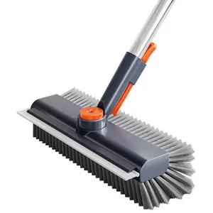 Grey Floor Scrub Brush with Long Handle, 3 In 1 Multi-Angle Swivel Scrubber, Stiff Bristle Cleaner Built With Squeegee And Tweezer, For Tile Wall Bathroom Patio Garage Kitchen Deck Indoor And Outdoor Deep Stain Cleaning Tool,garden accessories