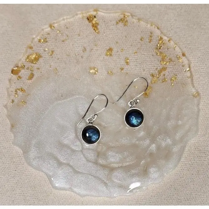Blue Fire Labradorite Earrings with Silver Hoops and Natural Fire Labradorite Stone
