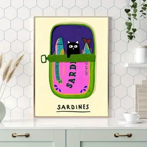1pc Sardines & Cat Canvas Poster, Unframed Wall Art, Festive Home & Dorm Decor, Halloween Hanging Ornament, Kitchen & Living Room Decor, Canvas Material, No Power Required