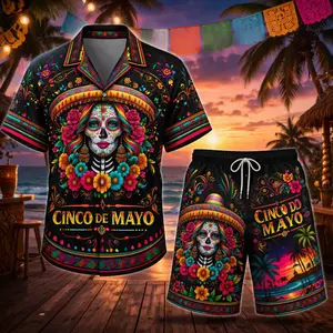 Cinco de Mayo Hawaiian Shirt & Shorts Set – Sugar Skull Fiesta Party Outfit for Men